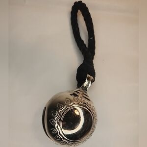 Silver Plated Sleigh Bell Christmas Ornament Black Cord Etched Design 3"